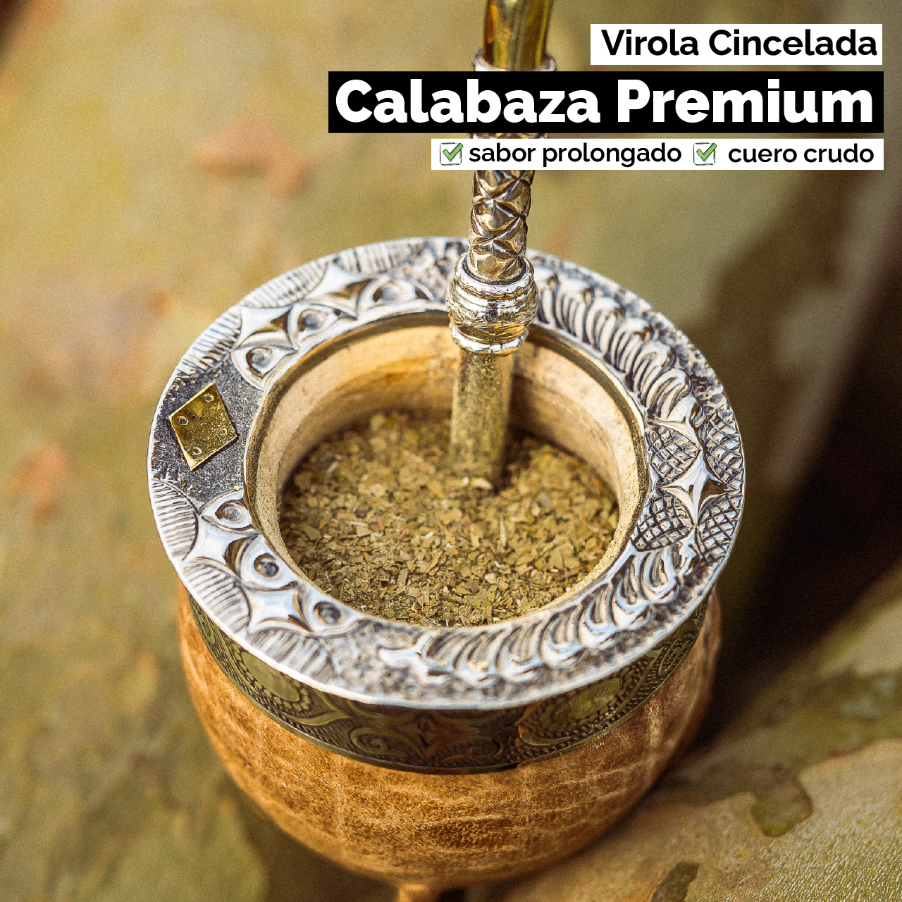Mate Imperial con Cuero Crudo (Calabaza) - Virola Alpaca Cincelada
