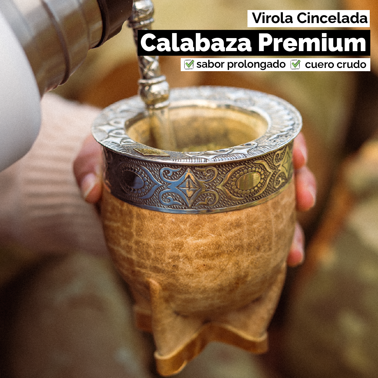 Mate Imperial con Cuero Crudo (Calabaza) - Virola Alpaca Cincelada